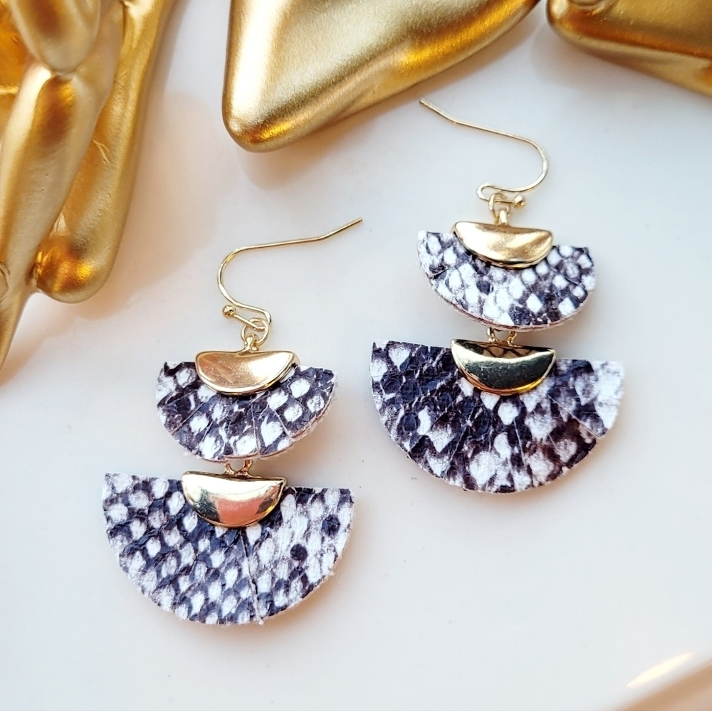 DOUBLE HALFV MOON SNAKESKIN LEATHER GOLD DROP EARRINGS
